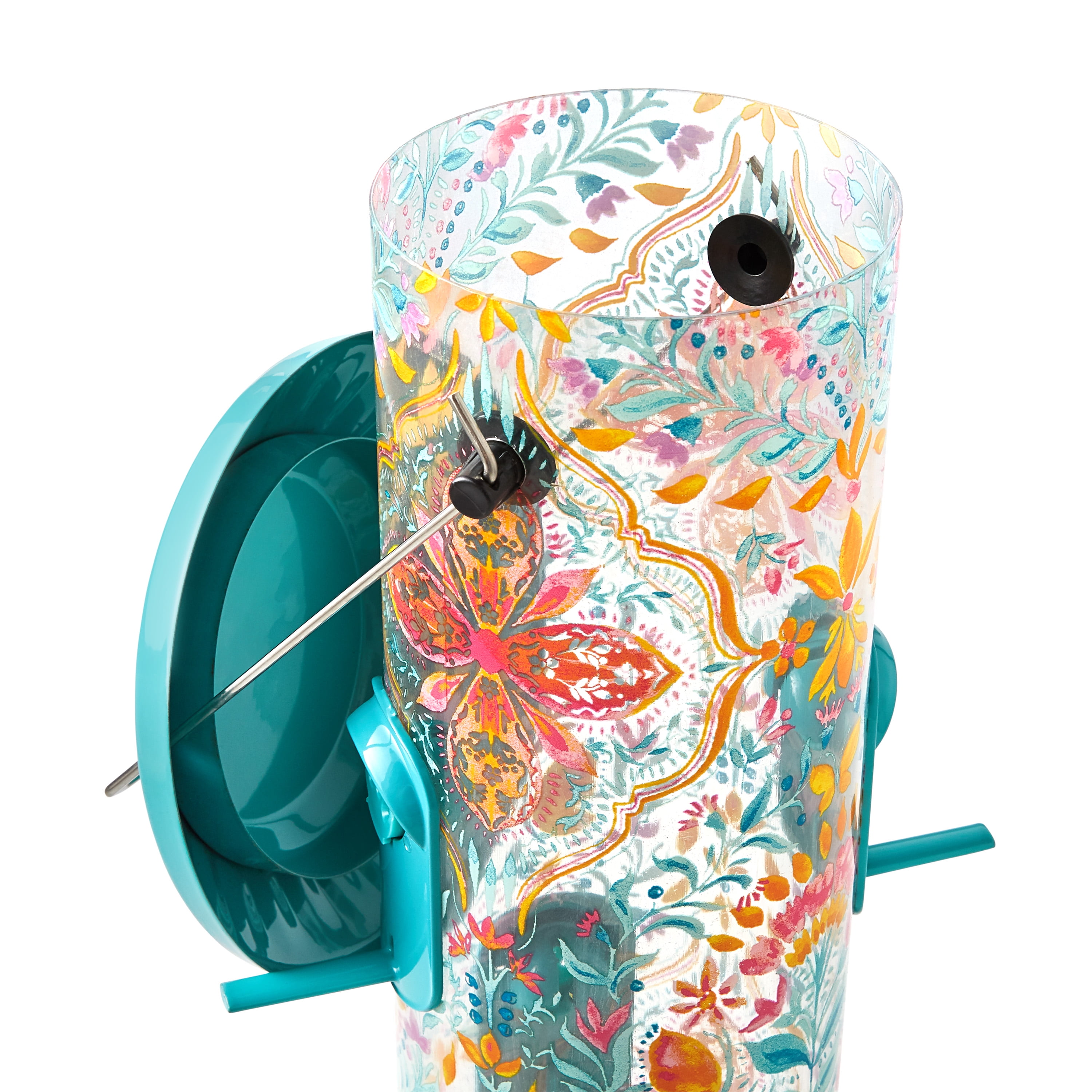 The Pioneer Woman Folk Geo Plastic Deluxe Easy Clean Tube Bird Feeder 2.8QT, Floral Teal