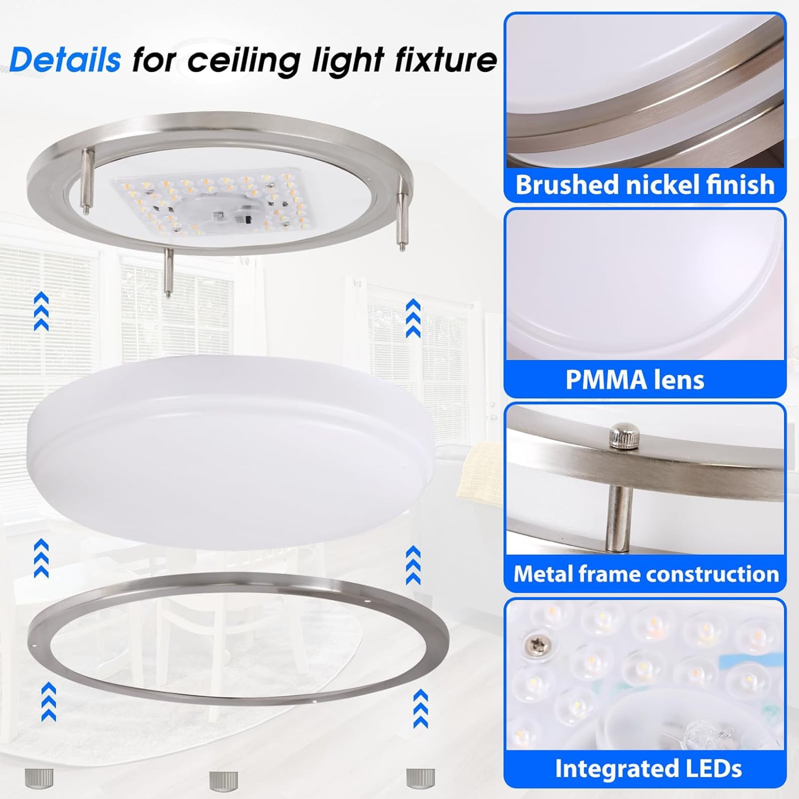 Energetic  12" LED Ceiling Light, Dimmable Modern Flush Mount, Brushed Nickel, 3CCT ENERGY STAR