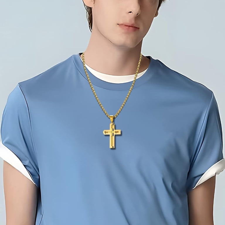 Men's Silver Cross Pendant Necklace - Stainless Steel Chain, 25 Inch, Gothic Style