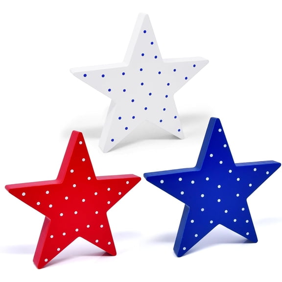 Gift Boutique Patriotic Wooden Star Table Decor Set, Red White Blue Americana Centerpieces, 3 Pack 6.25 Inch 4th of July Memorial Day Decorations