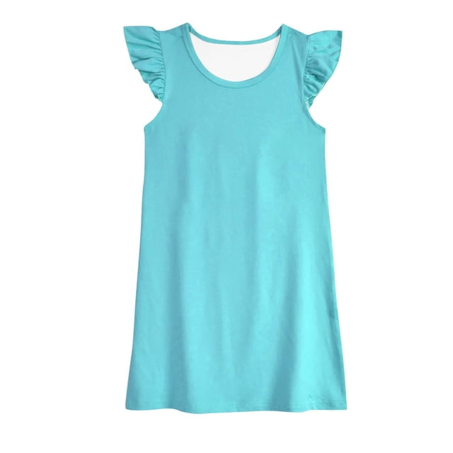 wmjolc Robes Unies pour Filles pour l'Été 2024 Manches Volantes Robes Décontractées Col Rond Robes d'Été à Volants Midi Robe de Plage 3-12 Ans