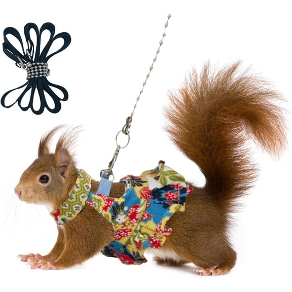 Squirrel Harness and Leash Set, Adjustable Flora Blue Printing, for Ferret, Squirrel, Dwarf Chinchilla, Guinea Pig, Fancy RatFlower colorS