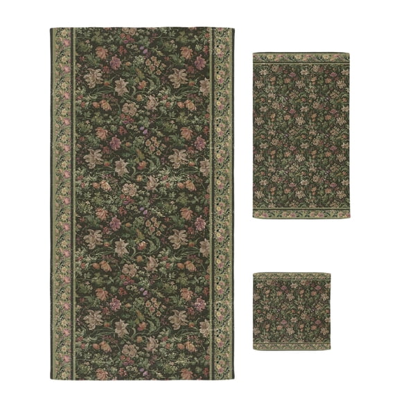 Sage Green Floral Towel Set of 3, Soft Microfiber Bath Towels, Hand Towel, Washcloths, Ethnic Tribe Abstract Art Flowers Quick-Dry Absorbent Towels for Bathroom Kitchen Hotel Beach Gym Spa