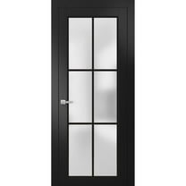 Solid French Pre-Hung Door 30 x 80 inches | Planum 2122 Matte Black Frosted Glass | Single Regular Panel Frame Trims Handle | Bathroom Bedroom Sturdy Doors
