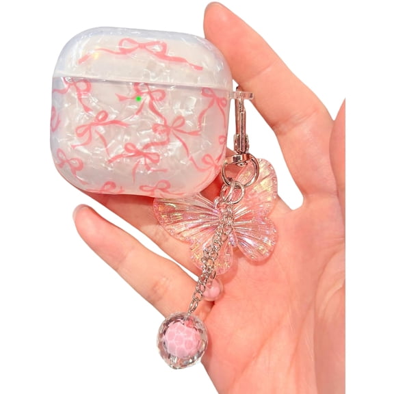 Compatible with AirPods 4 Case Cute, Shell Pattern Shockproof Protective Cover for Girls Women with Butterfly Keychain Designed for AirPod 4th Generation, Pink Bow