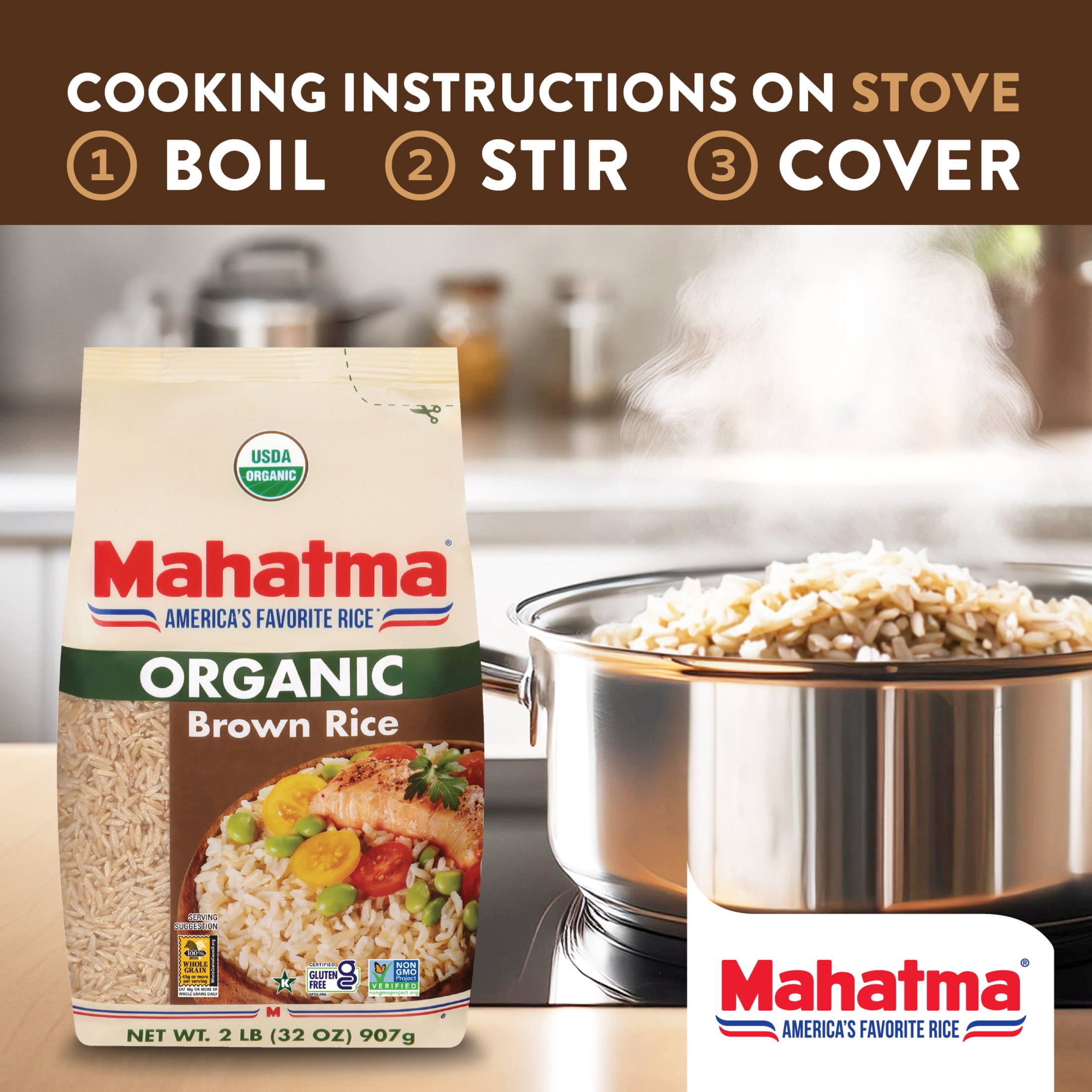 (3 pack) Mahatma Organic 100% Whole Grain Brown Rice, 2 lb Bag
