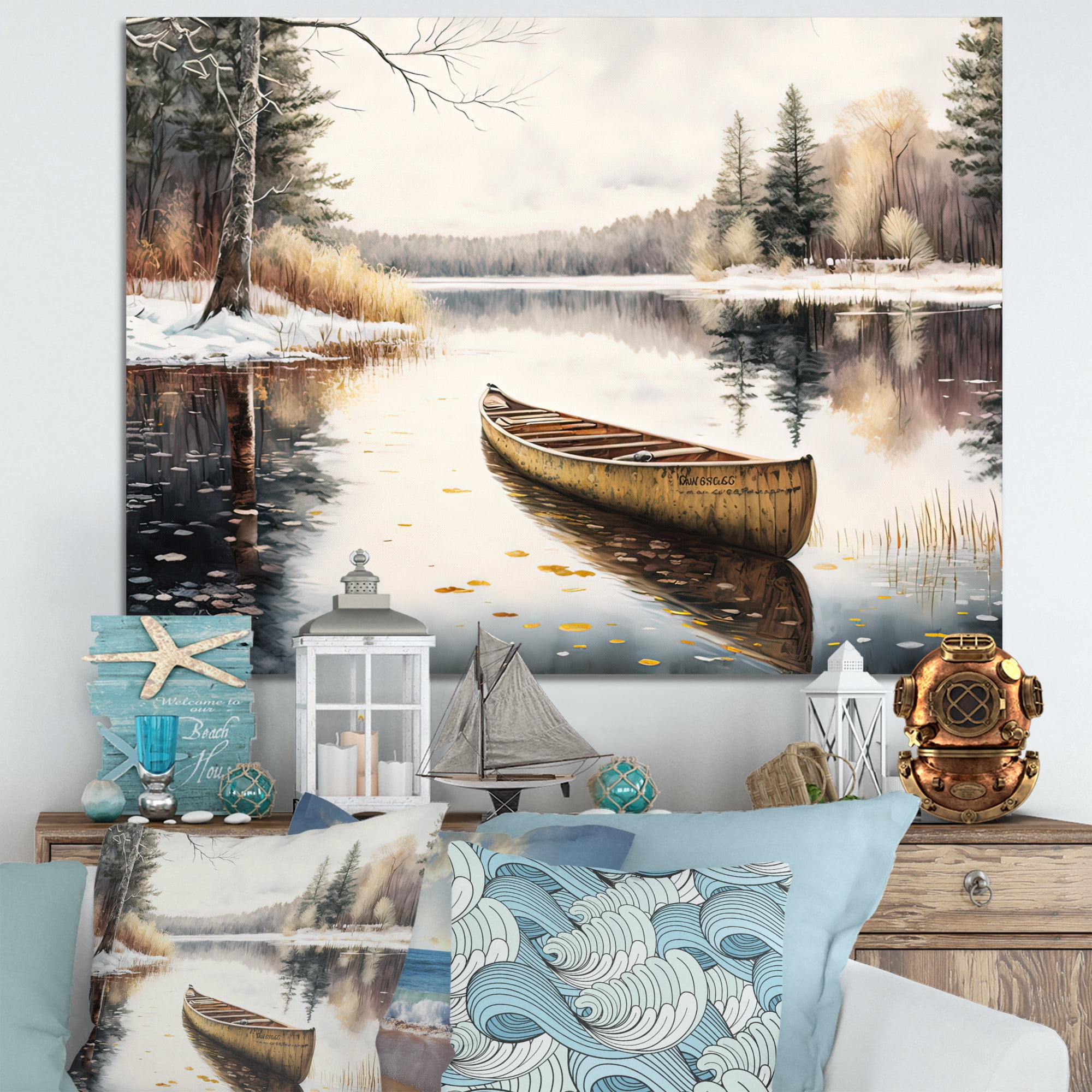 Designart Winter Scene With Canoe II Canvas Wall Art
