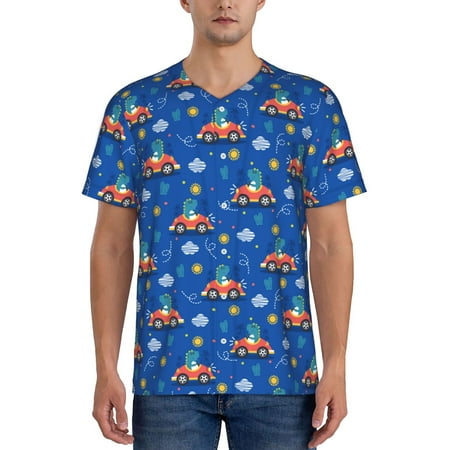 Hirioo Dinosaur Driving for Men s Baseball T-shirt Shirts Short Sleeve Casual Summer Button Stretch T Shirts Size S-4XL-Large