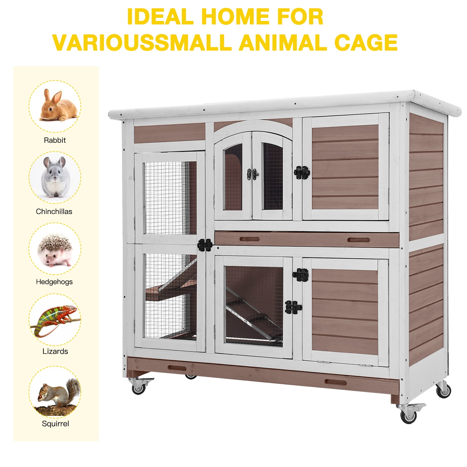 Aivituvin Rabbit Hutch Indoor Bunny House Guinea Pig Cage with Sliding Plastic Trays, Wheels & Ramp, 47.2" Multi-Door Wooden Small Animal Cage for Rabbits Bunnies, and Guinea Pigs, Brown