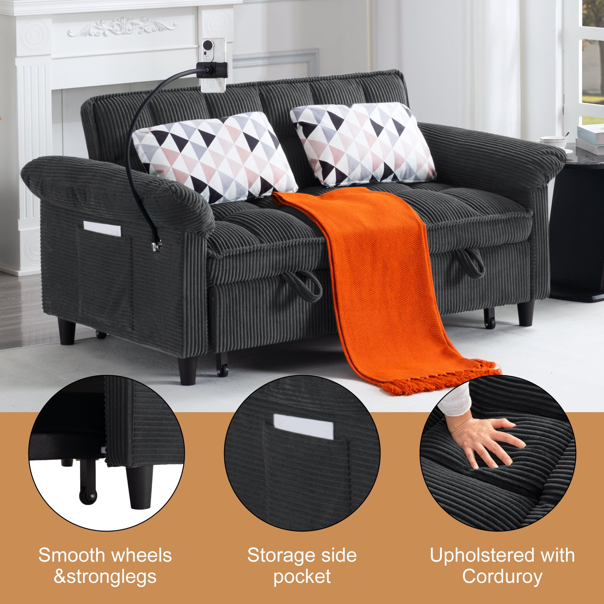 Gewnee 58"3-in-1 Corduroy Convertible Sofa Bed – Pull-out Loveseat Couch with 3 Reclining Positions & Storage Side Pocket,Sleeper Sofa for Living Room,Guest Room.Dark Grey