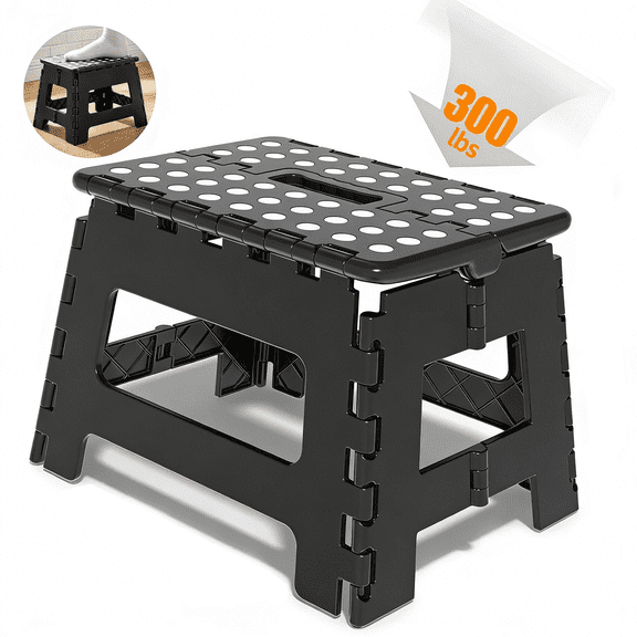 Folding Step Stool for Adults, 9 Inch Plastic Foldable Step Stool with Handle, 300 lb Capacity, Portable Non-Slip Stool for Bathroom, Bedroom, Kitchen, Black