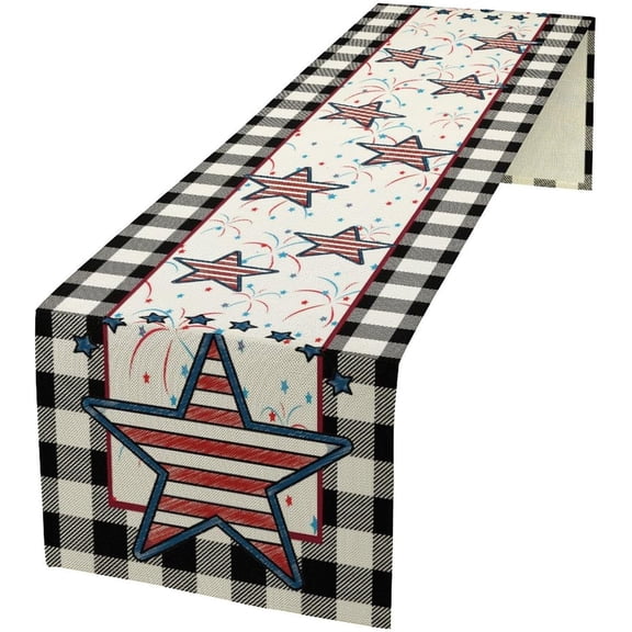 4th of July Table Runner,American Flag Star Memorial Day Buffalo Plaid Patriotic Independence Day Summer for Farmhouse Kitchen Dining Indoor Outdoor Party Wedding Holiday Decor 13×36in