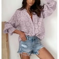 thumbnail image 3 of Datmelove Women's Boho Crochet Shirts Lantern Sleeve Button Down Lace Eyelet Blouse Tops(Light Purple,XL), 3 of 6