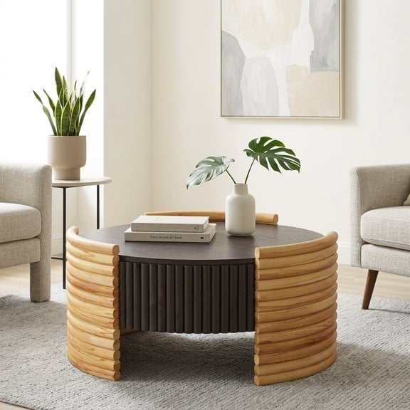 Modern Round Coffee Table with Flip-Top Storage - Dark Brown & Natural Wood Finish