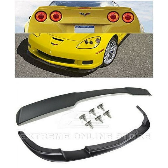 For 2005-2013 Chevrolet Corvette C6 Z06 Grand Sport | EOS ZR1 Style ABS Plastic Plastic-BLACK Front Bumper Lower Lip Splitter & Painted Matte Black Rear Wing Spoiler
