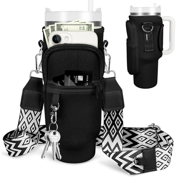 Initial Water Bottle Holder with Strap for Stanley Cup 40 oz Tumbler, Water Bottle Carrier Bag with Phone Pocket & Carabiner for Stanley Cup Accessories