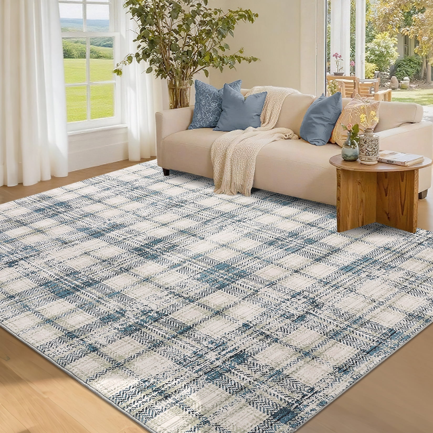 Garvee Washable Rug 5x7 Modern Plaid Area Rug, Non Slip Stain Resistant Rug Geometric Carpet for Living Room Bedroom Home Office, Blue