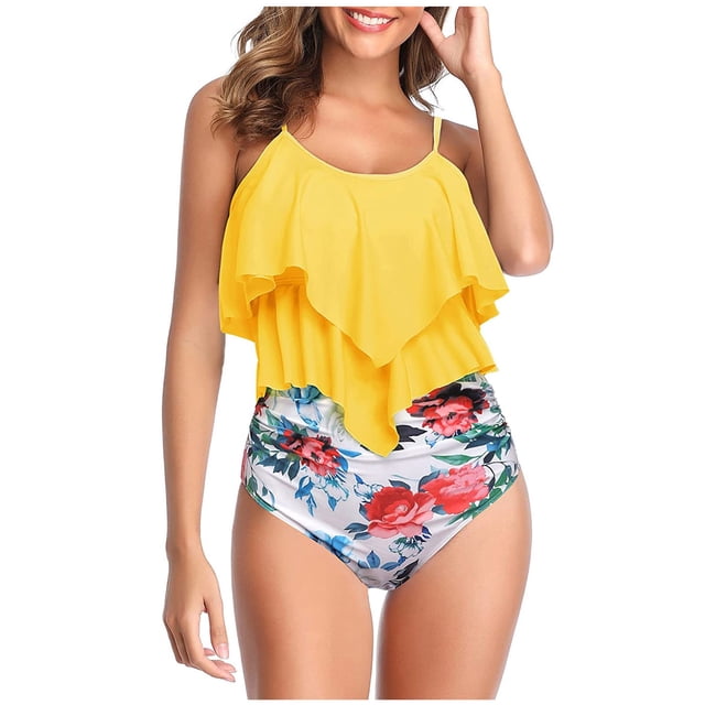 Traje de baño de talle alto para mujer Top de volantes con volantes de dos piezas con parte inferior fruncida Fridja nalpqowj22662