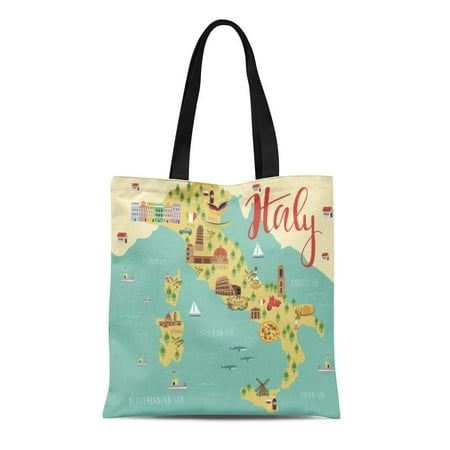 KDAGR Canvas Tote Bag Tuscany Map of Italy and Landmarks Italian Food Reusable Shoulder Grocery Shopping Bags