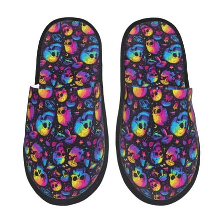 Balery mushroom rainbow color Skull Slient Indoor Furry Fleece Comfort House Shoes Soft Non-Slip Home Shoes Cotton slippers House Slippers-- Medium