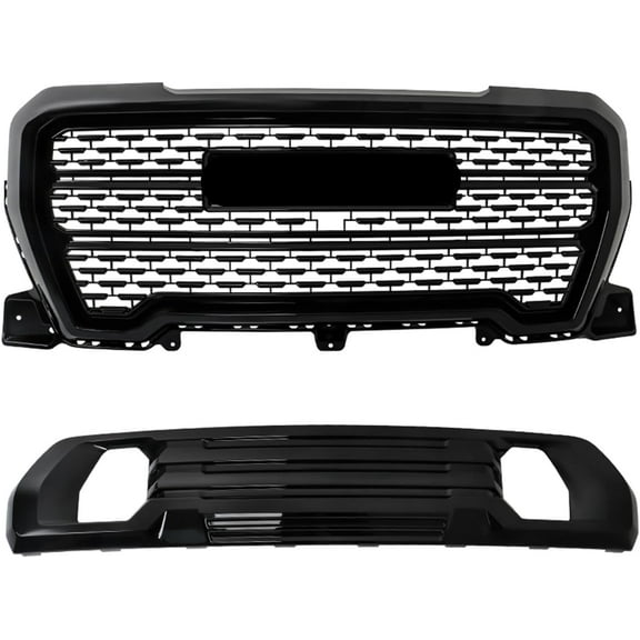 OTTULUR Front Bumper Grille Upper and Lower Glossy Black Mesh Style Replacement for Sierra 1500 AT4 Denali 2019-2021