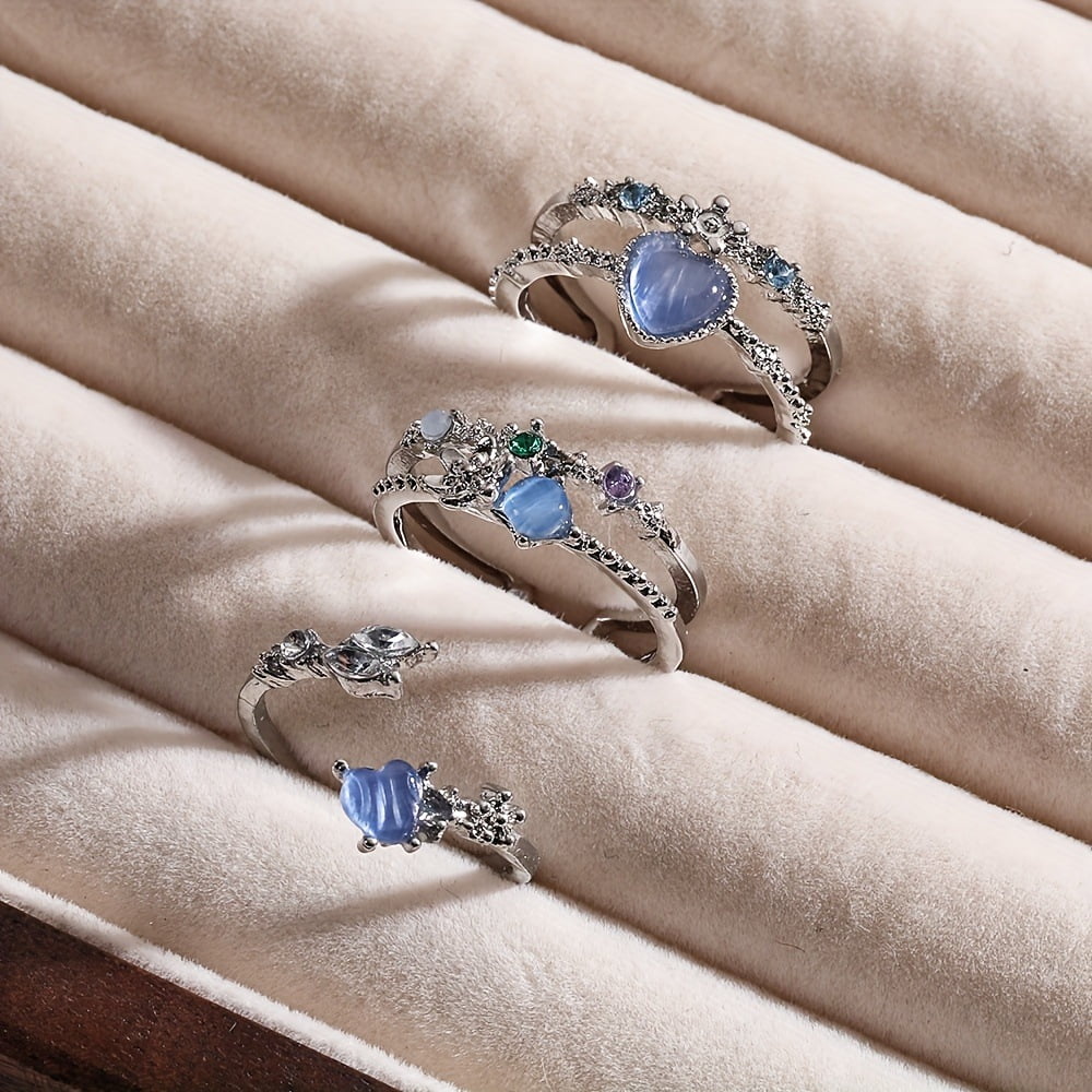 YTTAL 3PC Personalized Rings For Women Blue Heart Ring Set for Women, Vintage Twisted Band Stackable Rings, Boho Jewelry Pack