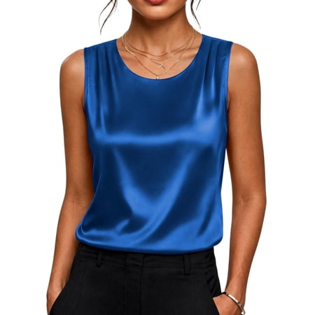 Zeagoo Womens Satin Tank Top Pleated Sleeveless Blouse Dressy Casual Tops Crewneck Silk Shirts Business Summer Clothes