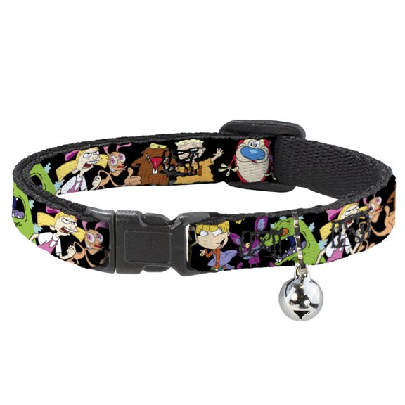 Nick 90s Breakaway Cat Collar With Bell, Plastic Clip, Easy Adjustable, Nick 90s Character Poses Black, 8.5 to 12 Inches 0.5 Inch Wide