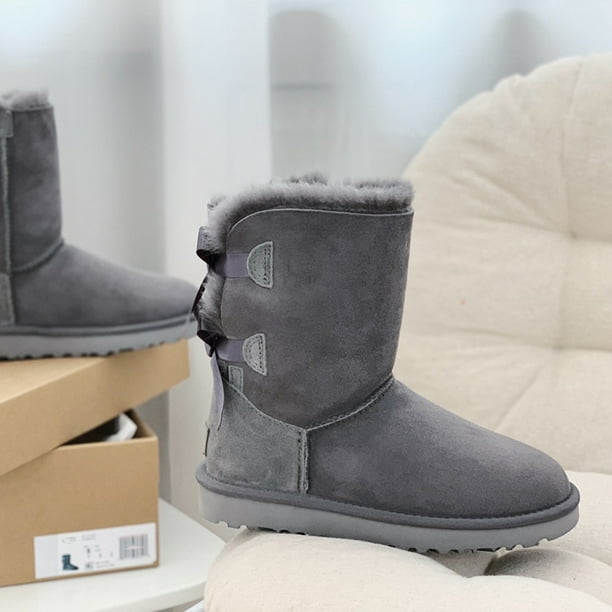 Botas de mujer de tubo medio acolchadas de lana con lazo doble de una pieza con piel de algodón y correa de invierno para nieve