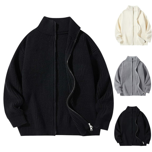 RYDCOT Men's Full Zip Classic Cardigan Sweaters Stand Collar Slim Fit Lightweight Casual Cable Knitted Sweater for Spring Fall Gray