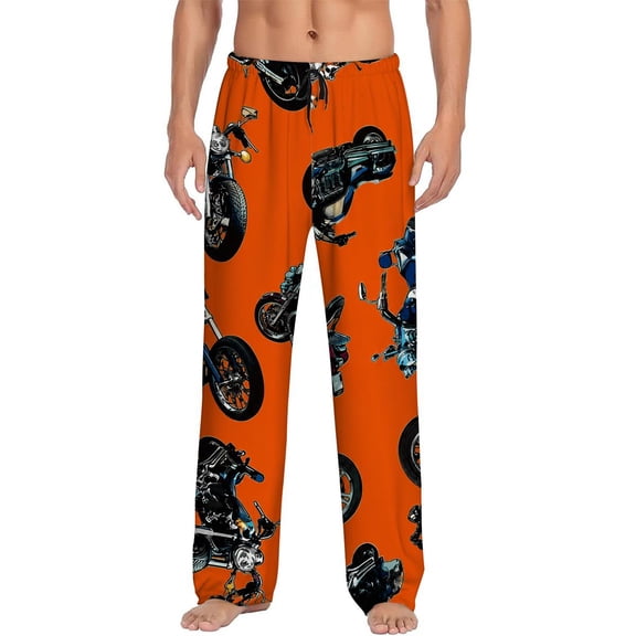 Men's pajama pants with bold motorcycle print on vibrant orange background, soft home pajama pants, casual and comfortable loose fit pajama pants, elastic waistband
