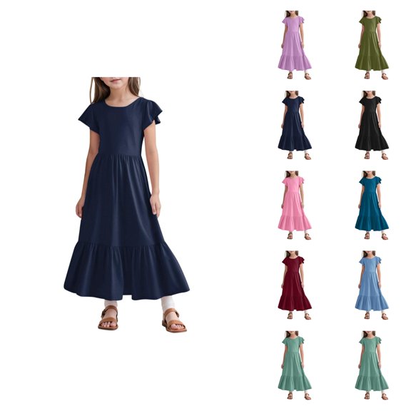 Girls Summer Dress Pleated Short Sleeve Round Neck Loose Casual Flowy Layered Extra Long Dress With Pockets Kids Dress for Party School Daily Wear