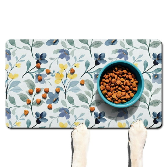 Abstract Floral Pet Food Mat - Watercolor Print Dog Feeding Mat with Rubber Grip Bottom, XL Size