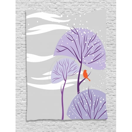 Winter Tapestry Seasonal Conceptual Artwork Purple Trees Snowy Weather Cute Bird Animal Wall Hanging For Bedroom Living Room Dorm Decor Dust Purple