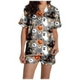 thumbnail image 7 of Adeawade Women Halloween Pajamas Cartoon Print Pajama Set Silk Satin Short Sleeve Button Up Top And Shorts Set Classic Sleepwear Daily Home Wear Dark Gray S, 7 of 7