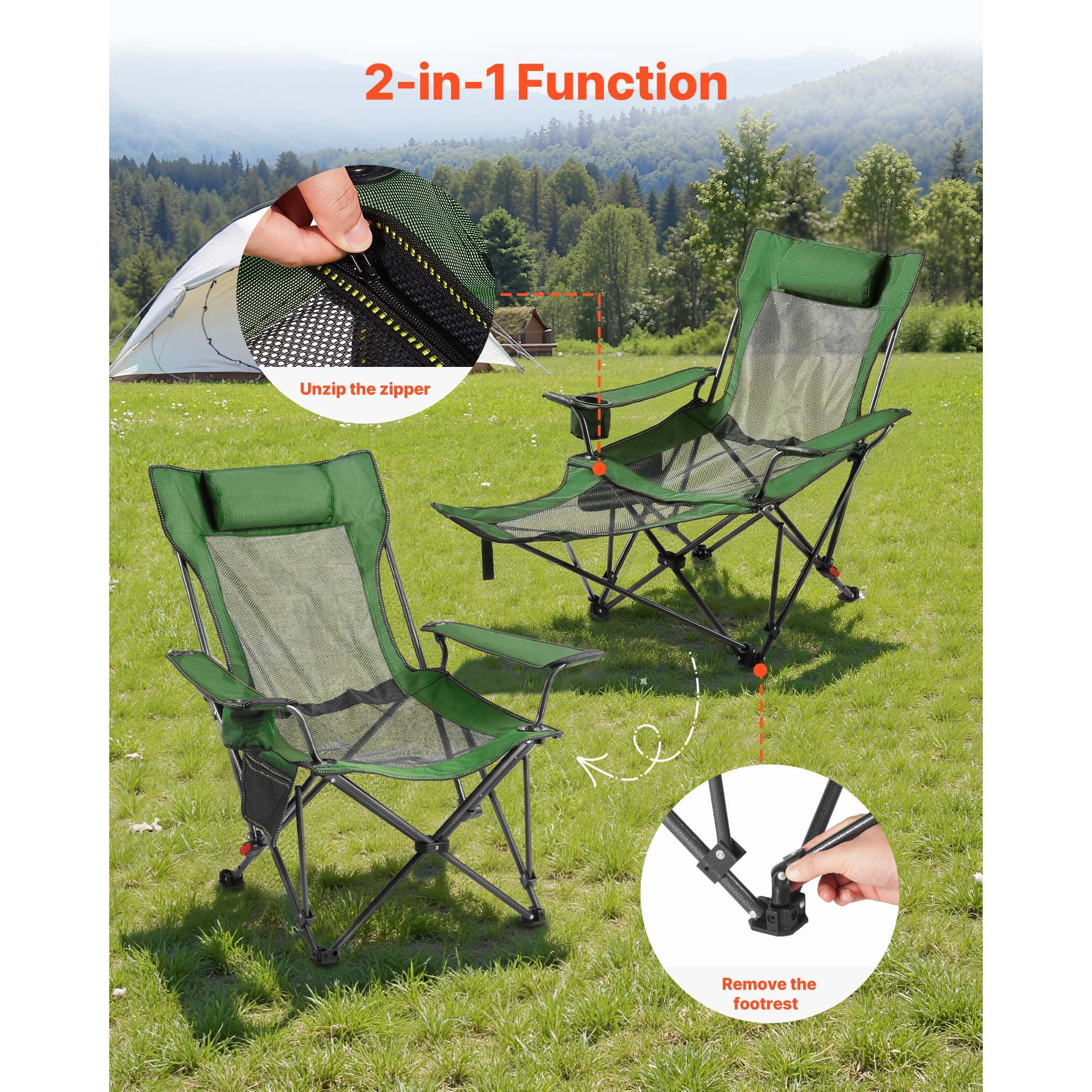 Foldable Reclining Lounge Chair 4-Position Adjustable, 220 lbs Capacity, Detachable Footrest, Cup Holder, for Camping Beach Patio