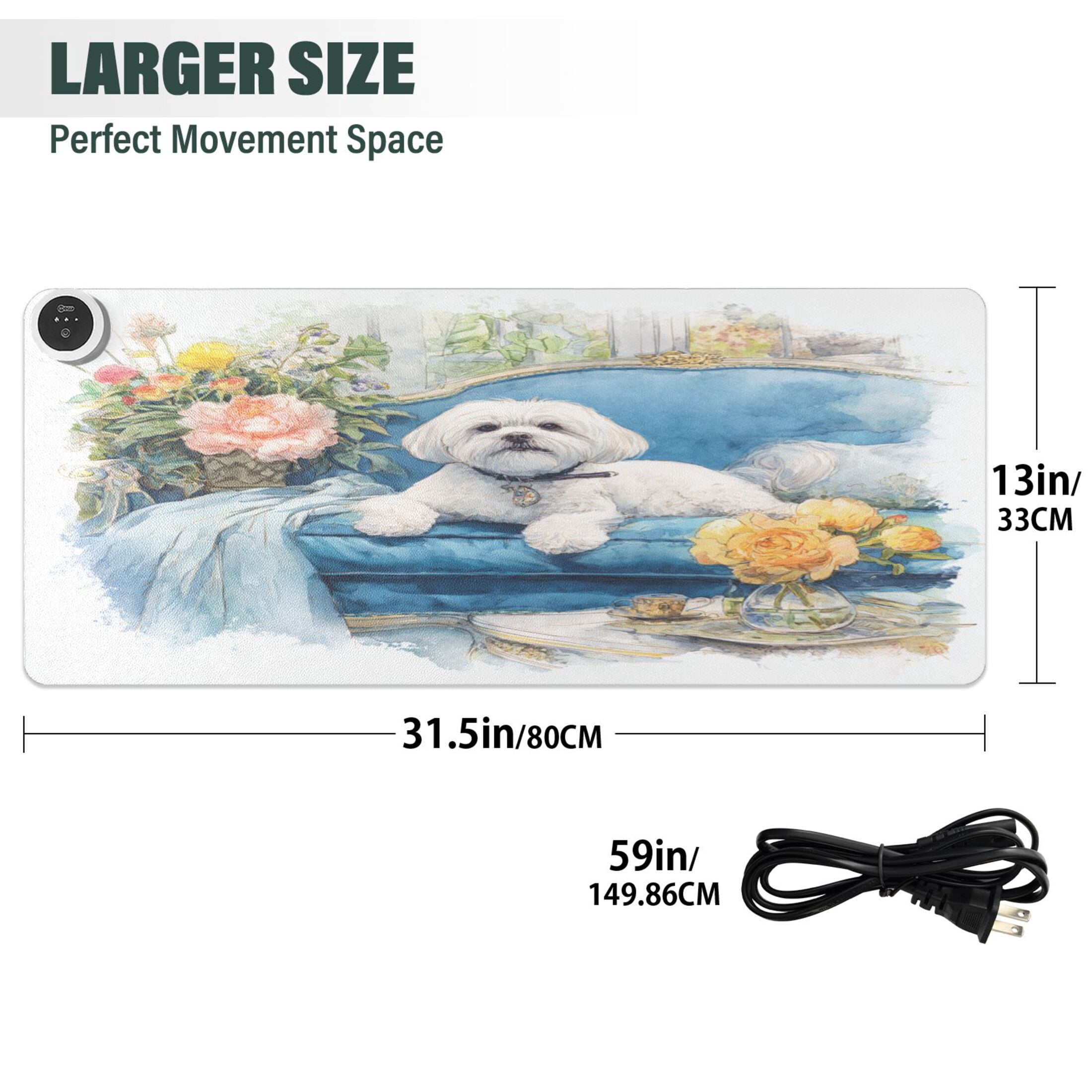 Large Heated Desk Mat Mouse Pad 31.5"x13"PU Leather Graphene Heating Desk Warmer with 3 Temperature Settings 110V US Plug Non-Slip Warm Pad for Home, Office, and Gaming The Obedient Shih Tzu Dog