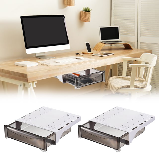 Unique Bargains Under Desk Drawer, 2Pcs - Plastic Self-Adhesive Slide Out Stationery Storage for Office Home (Black, 245x245 MM)