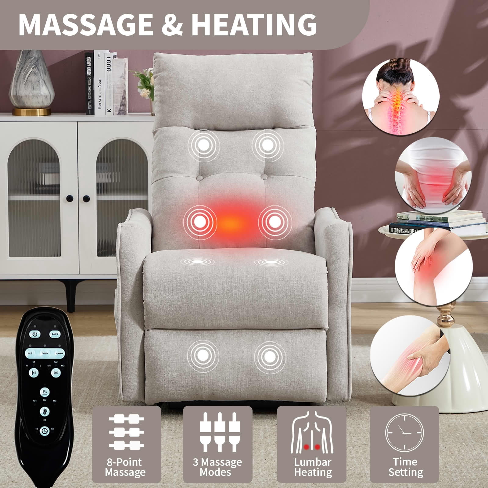 MAYEERTY Beige Chenille Power Lift Recliner Chair, Massage Heat USB Port 25"x36"x39" for Elderly