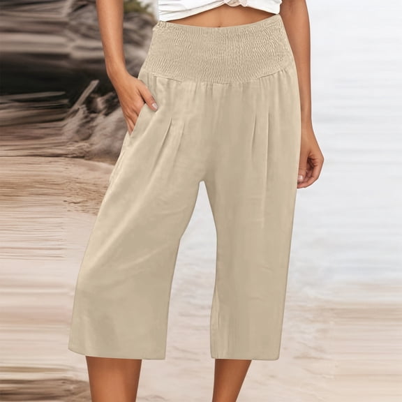 Conairie Womens Linen Capri Pants Solid Elastic Waisted Casual Lounge Boho Flowy Pants Wide Leg Loose Vacation Beach Pants Outfits With Pockets Beige L