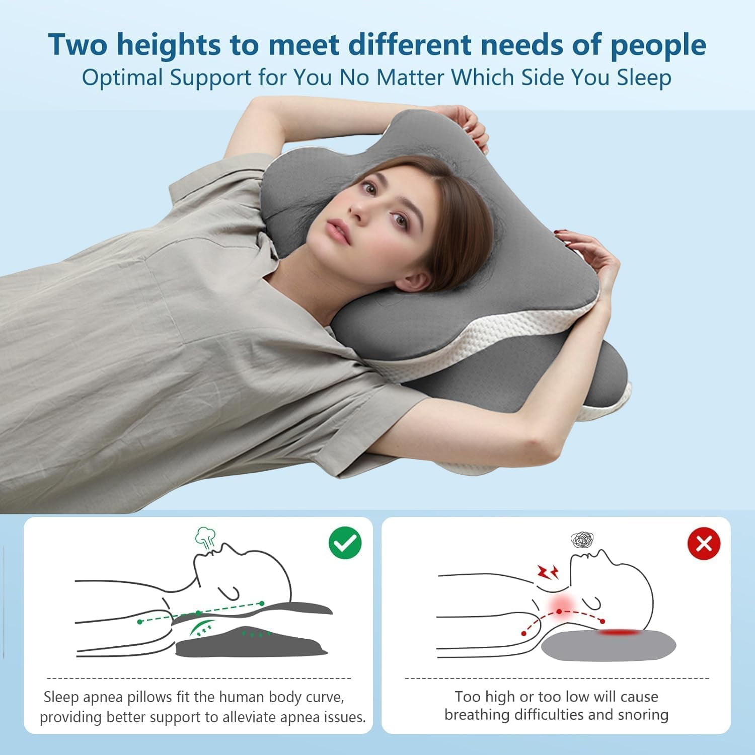 MOONORAH Cervical Memory Foam Pillows for Neck and Shoulder, Contour Bed Pillow, Ergonomic Neck Support Pillow for Side Back Stomach Sleepers with Pillowcase, Gray