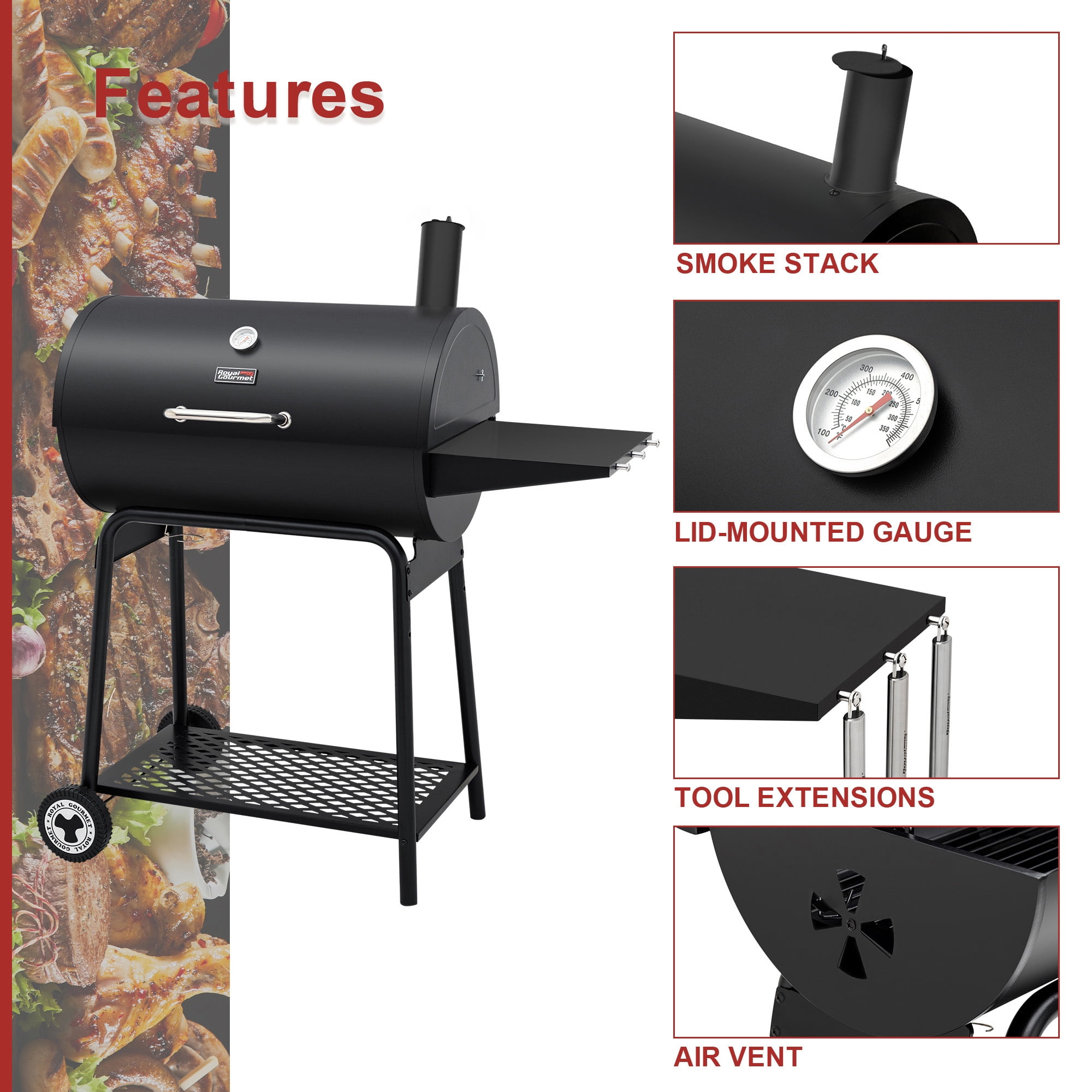 Royal Gourmet 30" CC1830 28-Inch Barrel Charcoal Grill with Side Shelf, 626 Sq. In., For Outdoor Backyard, Patio and Parties, Black