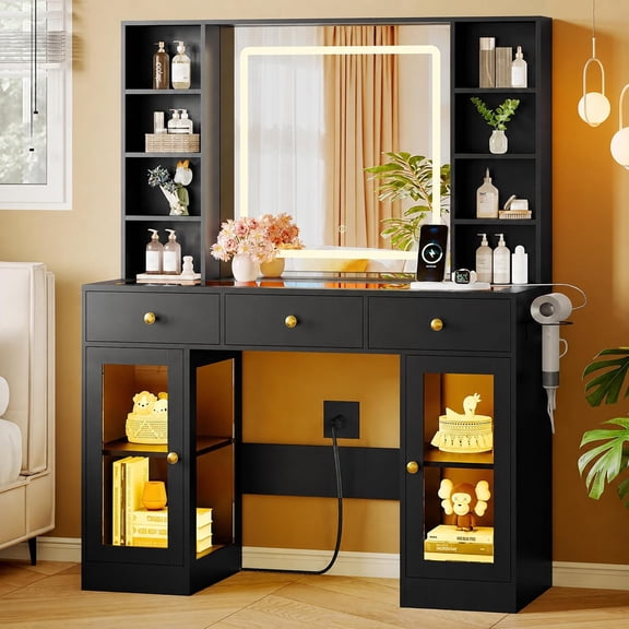FANRAL Makeup Vanity with Mirror and Lights,Glass Top Vanity Desk with RGB Cabinets,43.5" Large Dressing Table for Women Bedroom,Black Vanity