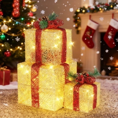 iCapeson Set of 3 Golden Lighted Gift Boxes 10"-8"-6" with Plug, 60 LED Outdoor Christmas Decorations for Yard, Garden, Porch - Holiday & Wedding Decor
