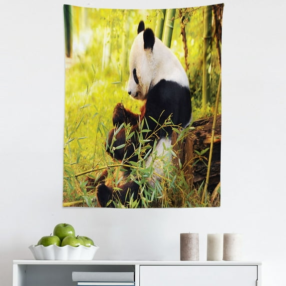 Animal Tapestry, Big Panda Sitting Forest Eating Bamboo Tree Trunk Foliage Wilderness Picture Print, Fabric Wall Hanging Decor for Bedroom Living Room Dorm, 5 Sizes, Green Black, by Ambesonne