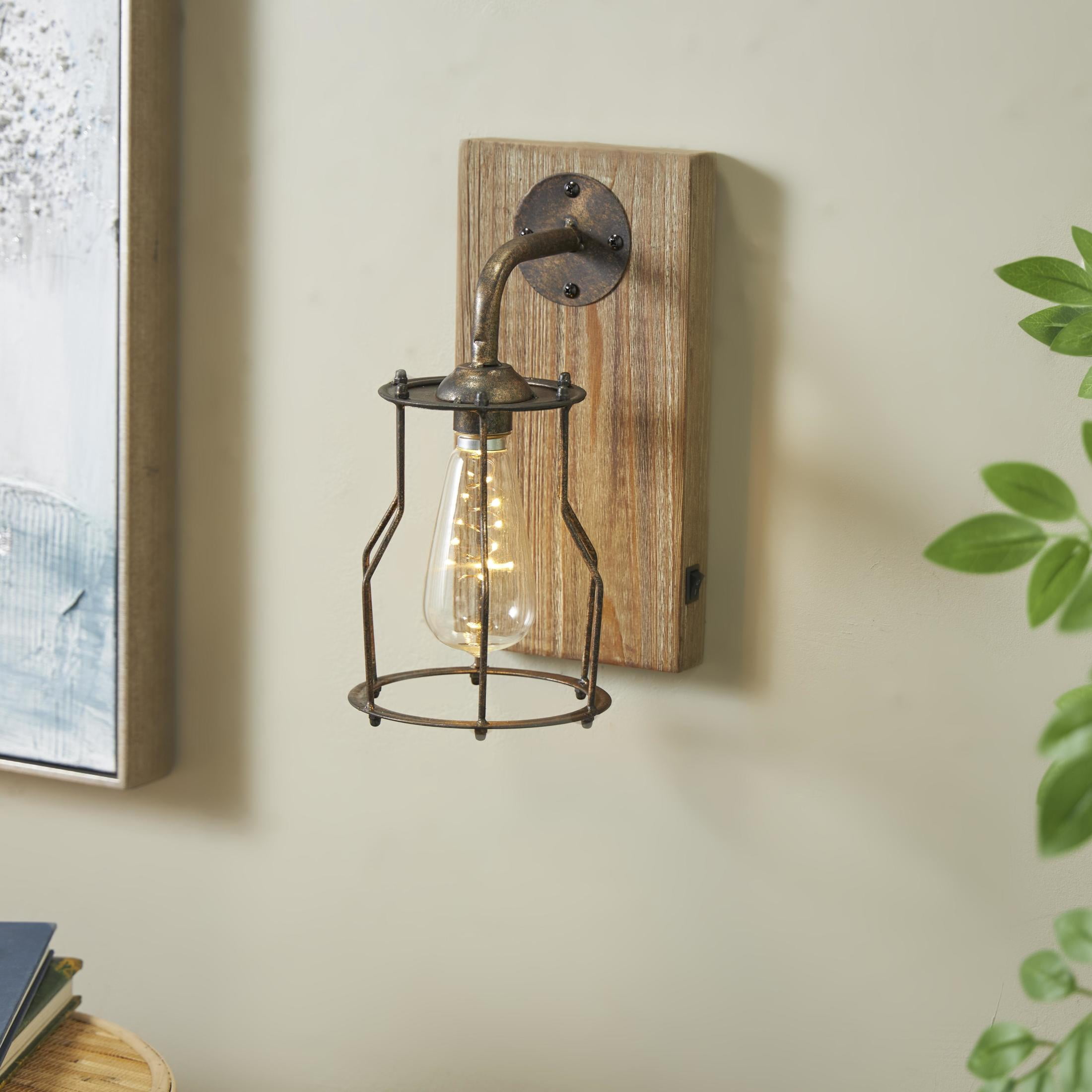 DecMode Industrial Metal Wall Sconce with Wood Backplate and Iron Cage, 6"W x 11"H Features Rustic Brown Finish