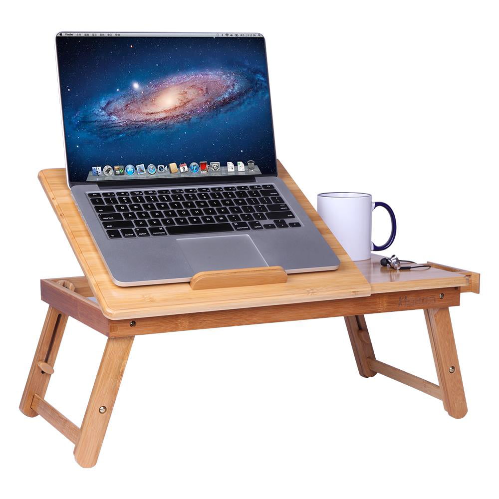 Portable Bamboo Laptop Desk Foldable Lapdesks Table Stand Lap Standing Desk Adjustable Height/Angle Tray Multi Tasking Stand Breakfast Serving Support Notebook Sofa Couch Bed Table Tray with Drawer 