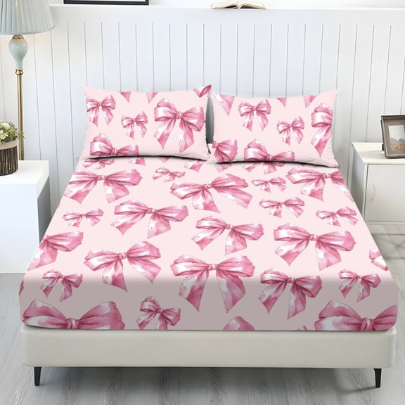 Jeiento Pink Bow Print Fitted Sheet Set, 3 Piece Bedding Bundle with Deep Pocket Bed Sheet and 2 Pillow Covers, Soft Breathable Bed Cover for Girls Bedroom Guest Room, Twin Size