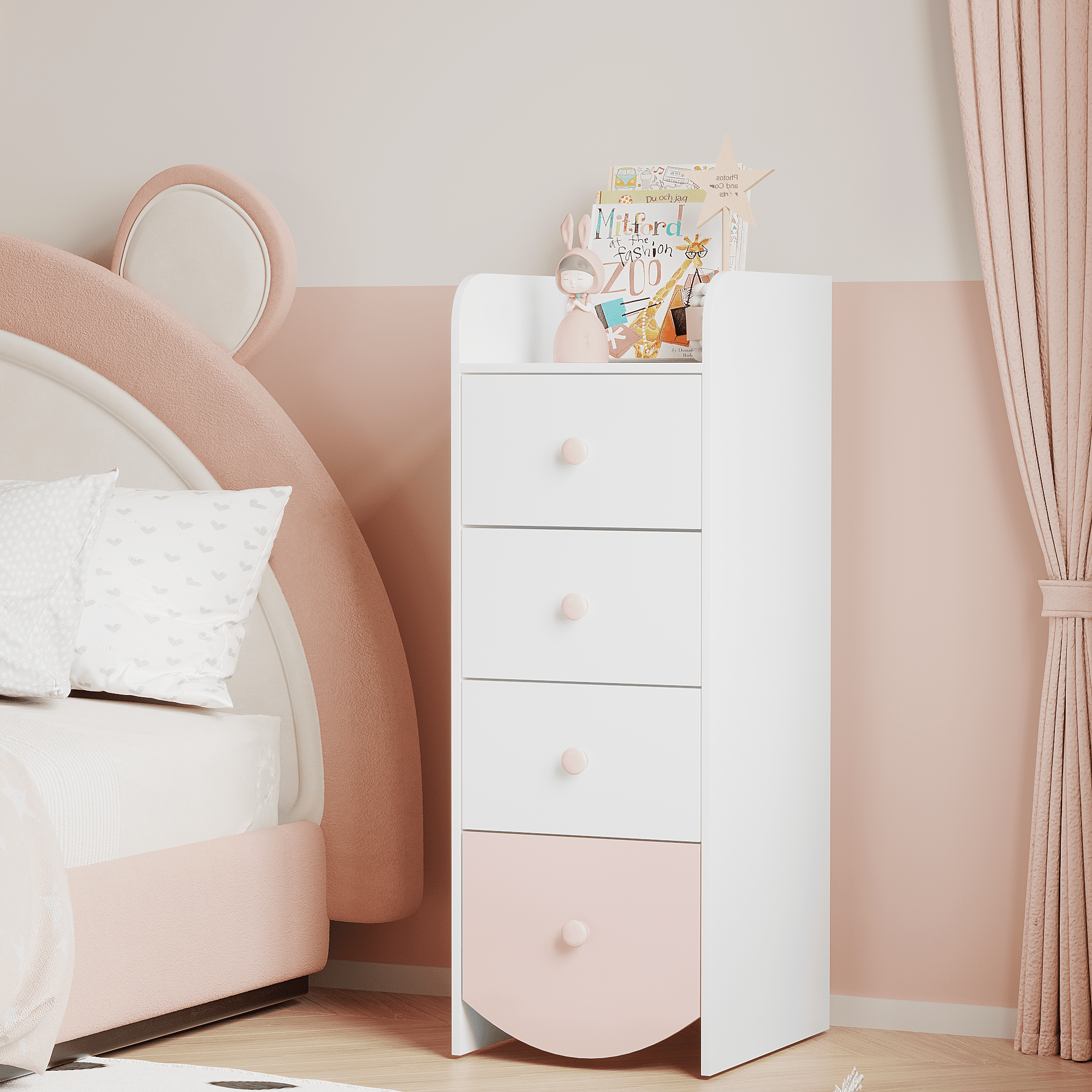 Kids Dresser with 4 Drawers, Narrow Storage Cabinet for Kids Room, MDF Chest of Drawers with Round Bottom Design, Nursery Bedroom Organizer, White