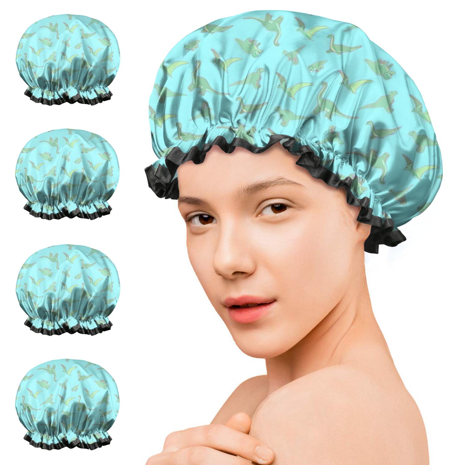 Shower Caps,LightBlue Cartoon Dinosaurs VariedShapes Pattern Waterproof Shower Cap for Women 4 Pieces,Double Reusable Hair Cover for Shower PEVA Elastic Stretch Hem